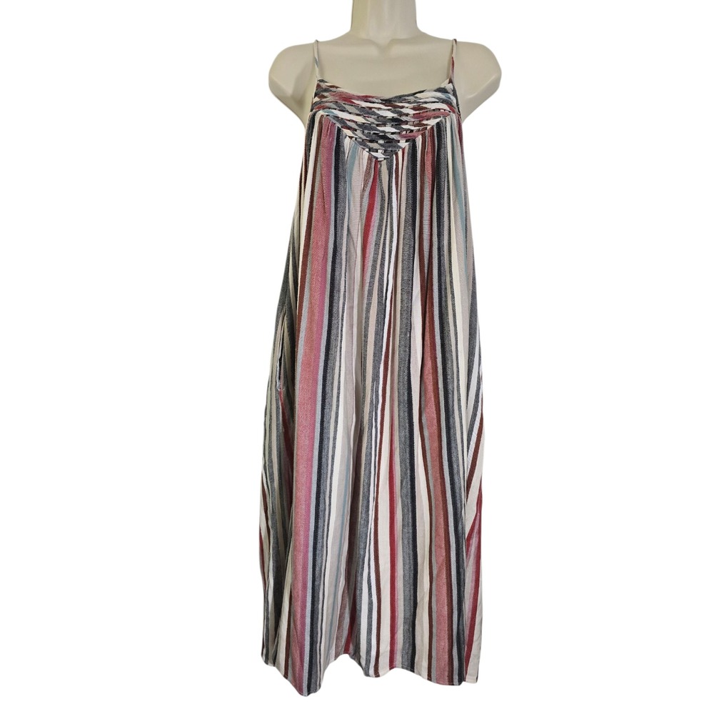 The Odells‎ Womens Multicolor Lattice Yoke Puglia Stripe Midi Dress Cotton XS
